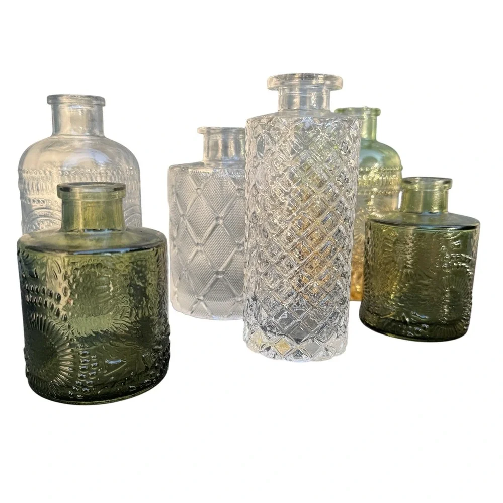 Wildmos Home Decor Assorted Glass Bud Vases Set of 6 Green Amber Clear Textured